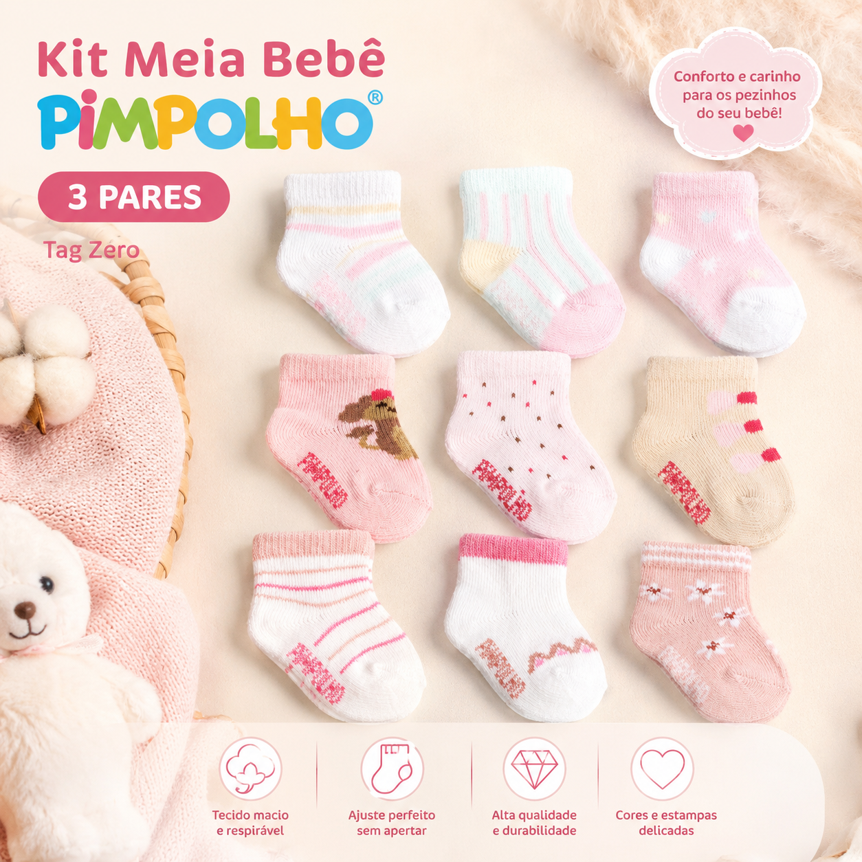 Kit Meia Bebê Feminina Pimpolho Colorida 3 Pares Tag Zero