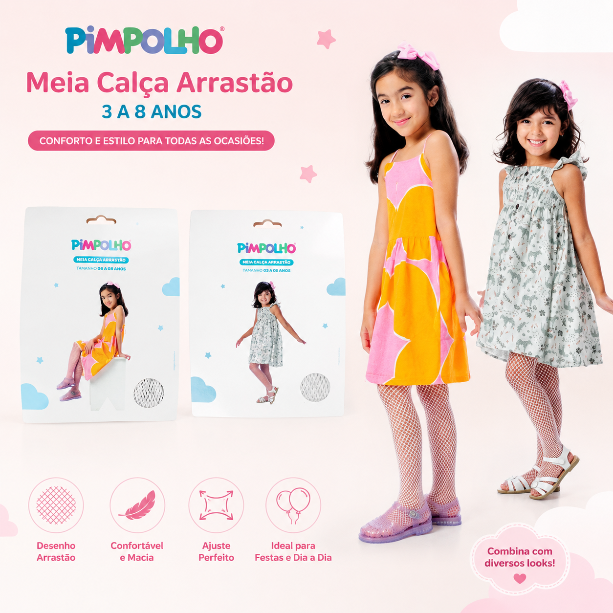 Meia Calça Infantil Feminina Pimpolho Arrastão 3 a 8 Anos