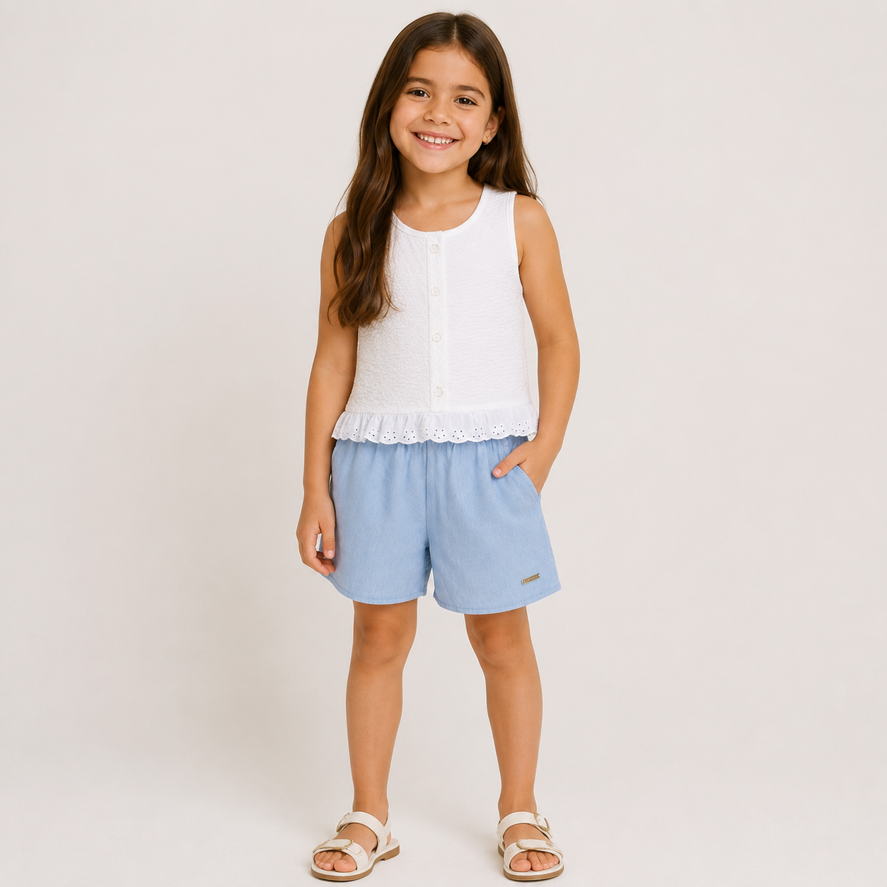 Conjunto Infantil Feminino Kamylus Lamon Maddalena Regata Bubble e Shorts Algodão Mesclado