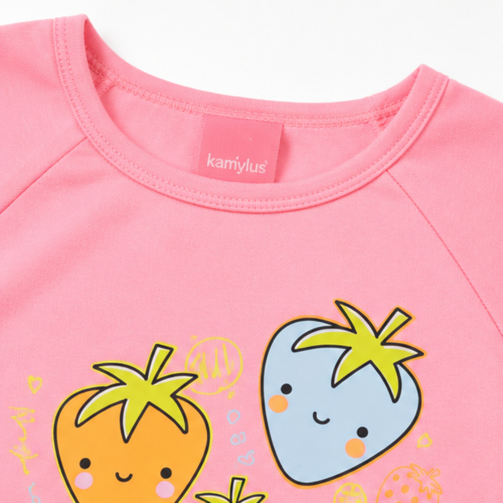 Vestido Infantil Feminino Kamylus Strawberry Malha PA e Bolsa Morango