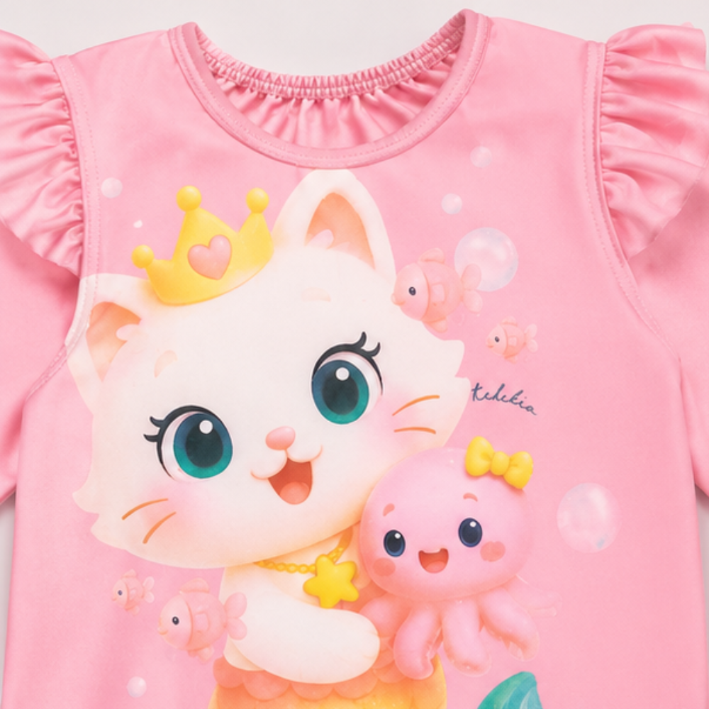 Maiô Manga Longa Infantil Feminino Kamylus Tchibum Gatinha Sereia Proteção UV 50+ Dri-Fit