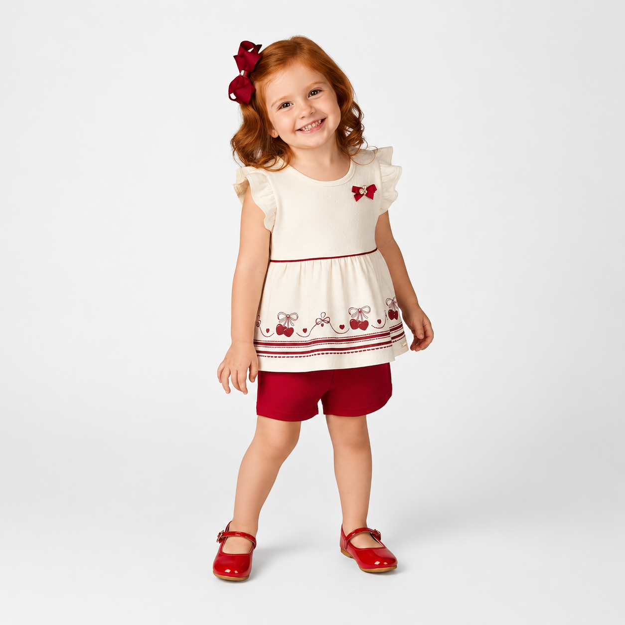 Conjunto Infantil Feminino Alakazoo Cerejas Malha Nikko Blusa Batinha e Short