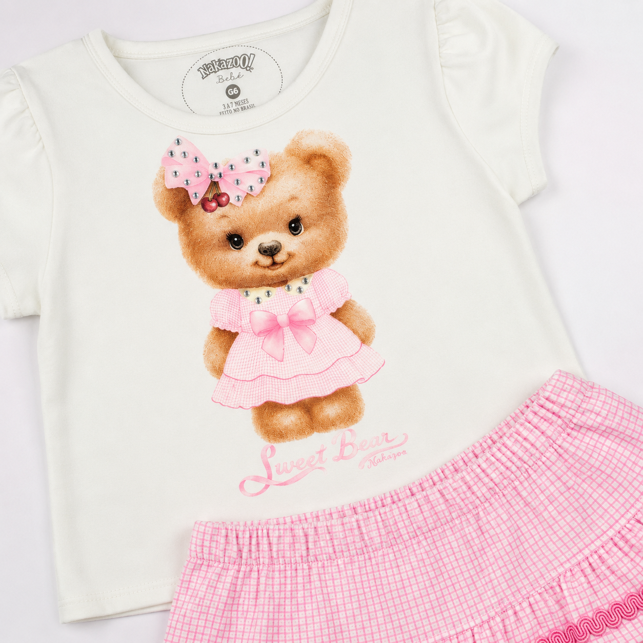 Conjunto Infantil Feminino Alakazoo Bebê Ursinha Sweet Bear e Short-Saia Xadrez