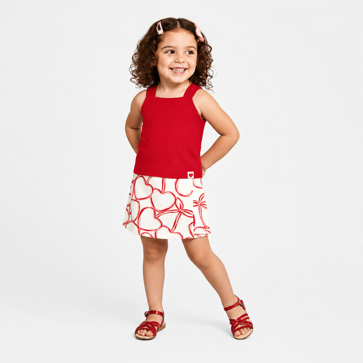 Conjunto Infantil Feminino Alakazoo Cerejas Coração Malha Nikko Cropped e Short-Saia