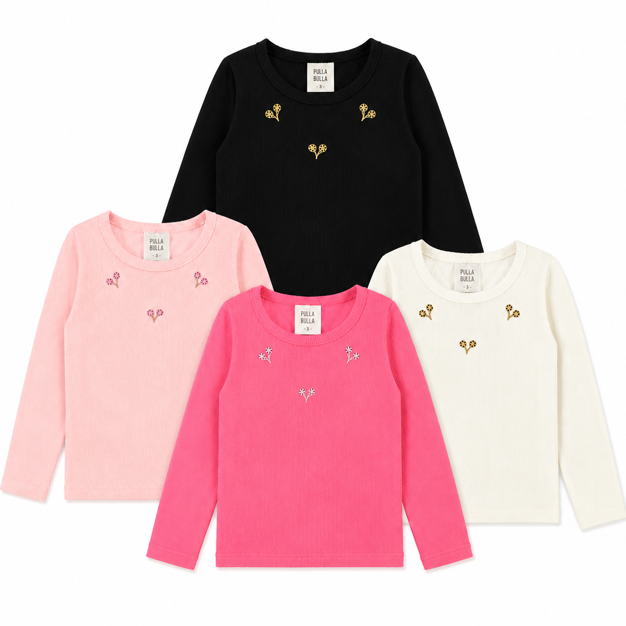 Blusa Infantil Feminina Pulla Bulla Manga Longa Canelada com Bordado Florzinhas