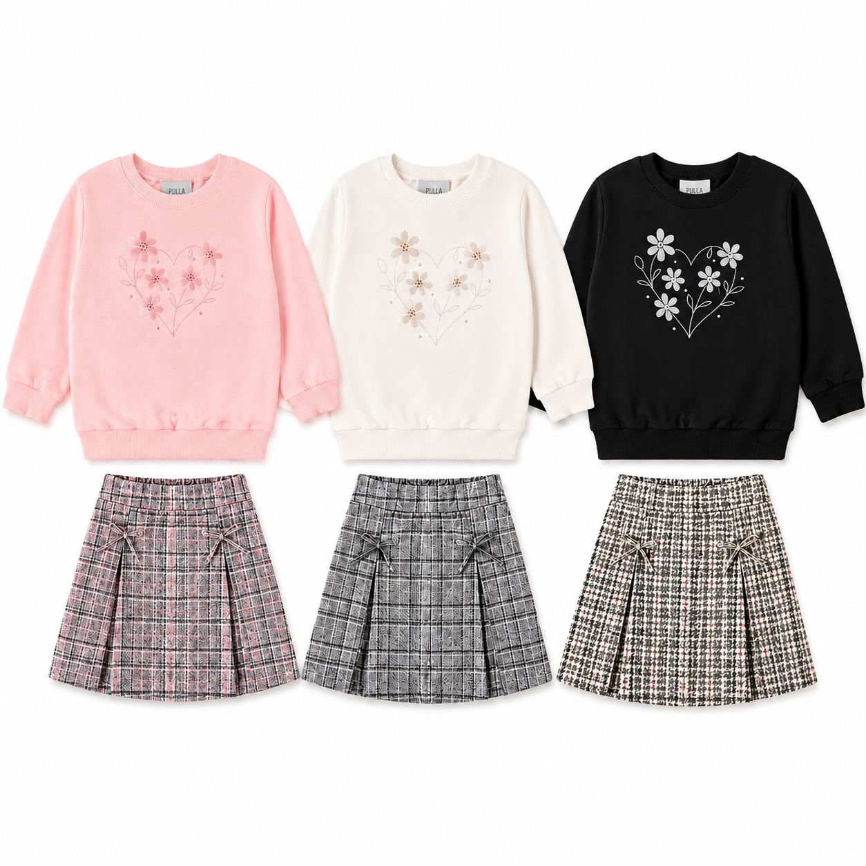 Conjunto Infantil Feminino Pulla Bulla Blusão de Moletom Bordado e Saia Shorts Xadrez