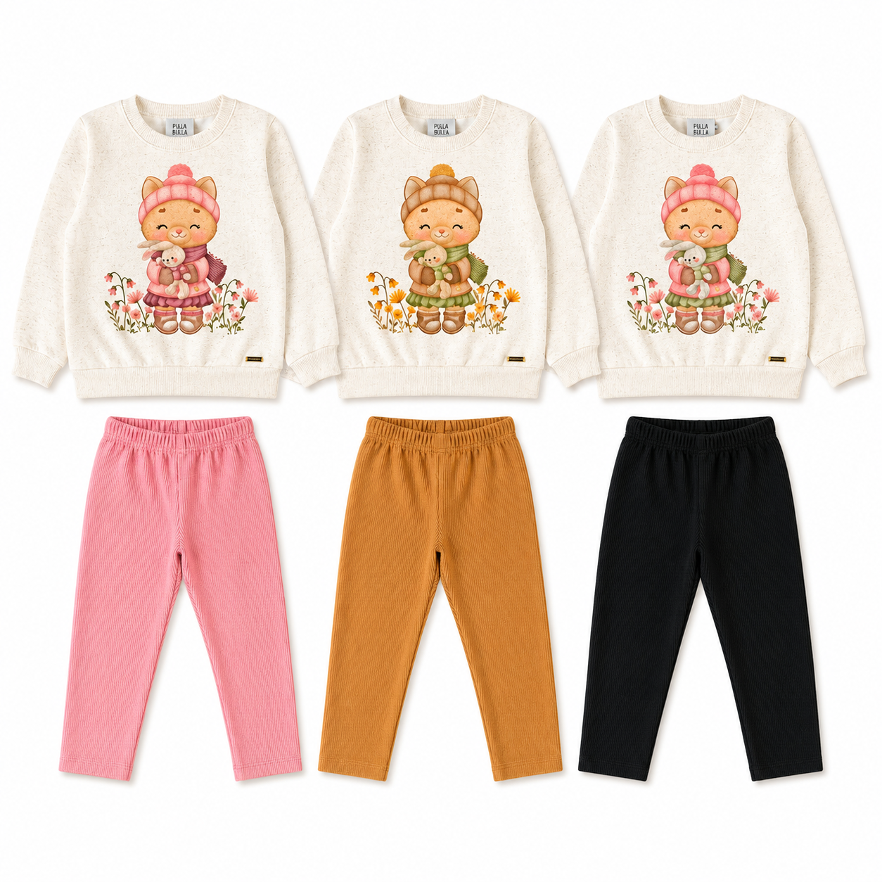Conjunto Infantil Feminino Pulla Bulla Gatinha e Flores - Moletom Flanelado e Malha Cotelê