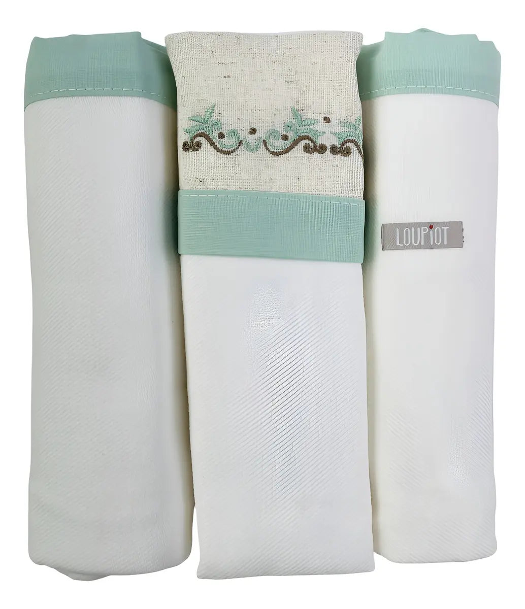 Kit Manta Cueiro Loupiot Nature Bordado Rolinho com 3 Peças 80x80 cm 100% Algodão