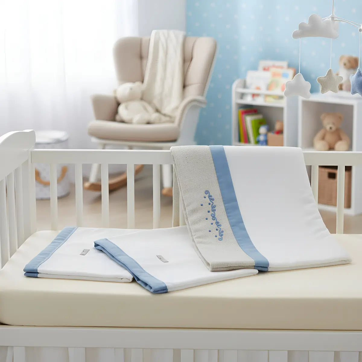 Kit Manta Cueiro Loupiot Nature Bordado Rolinho com 3 Peças 80x80 cm 100% Algodão
