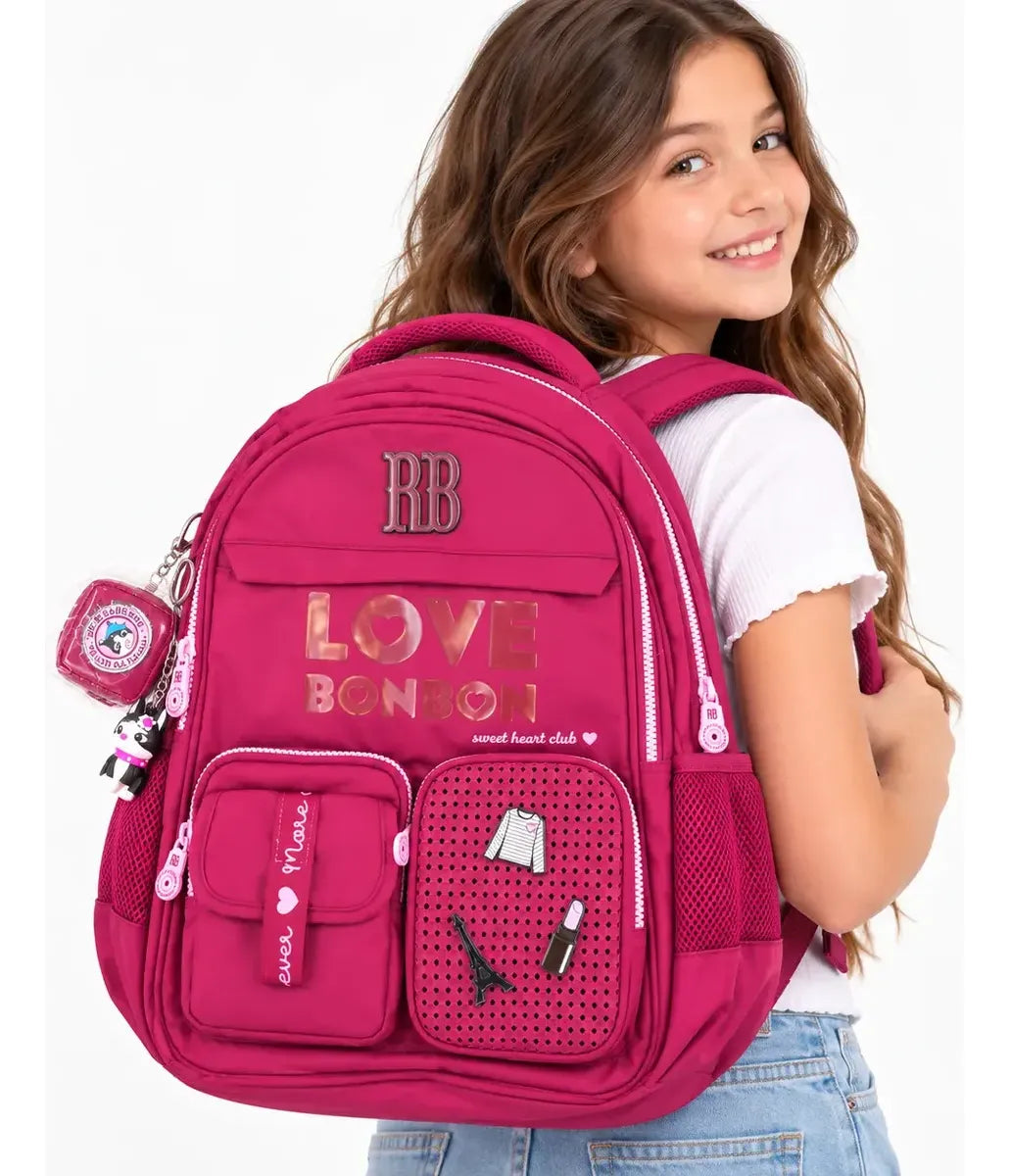 Kit Mochila de Costas Rebecca Bonbon Love 17,5 Oficial com Estojo