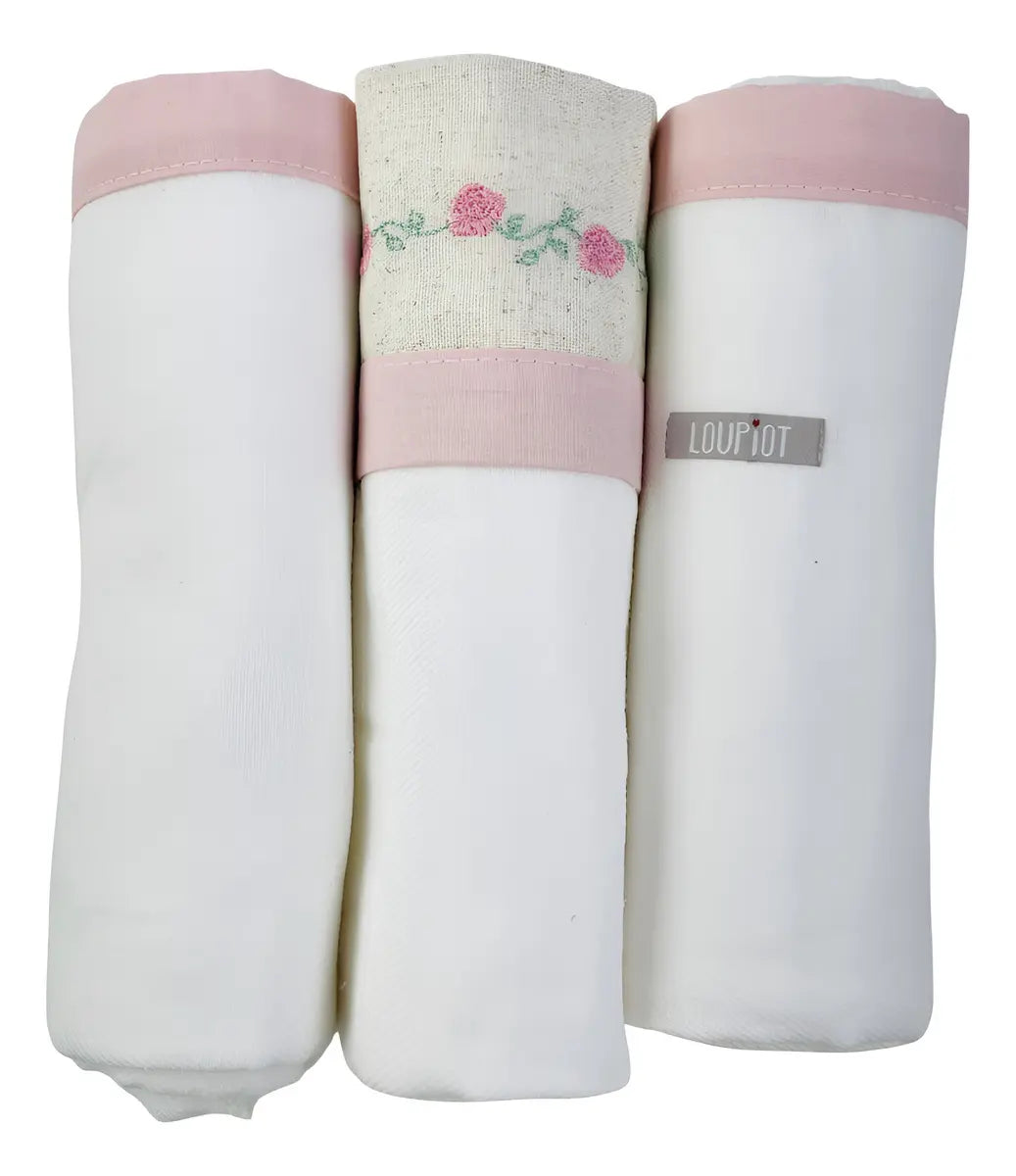 Kit Manta Cueiro Loupiot Nature Bordado Rolinho com 3 Peças 80x80 cm 100% Algodão