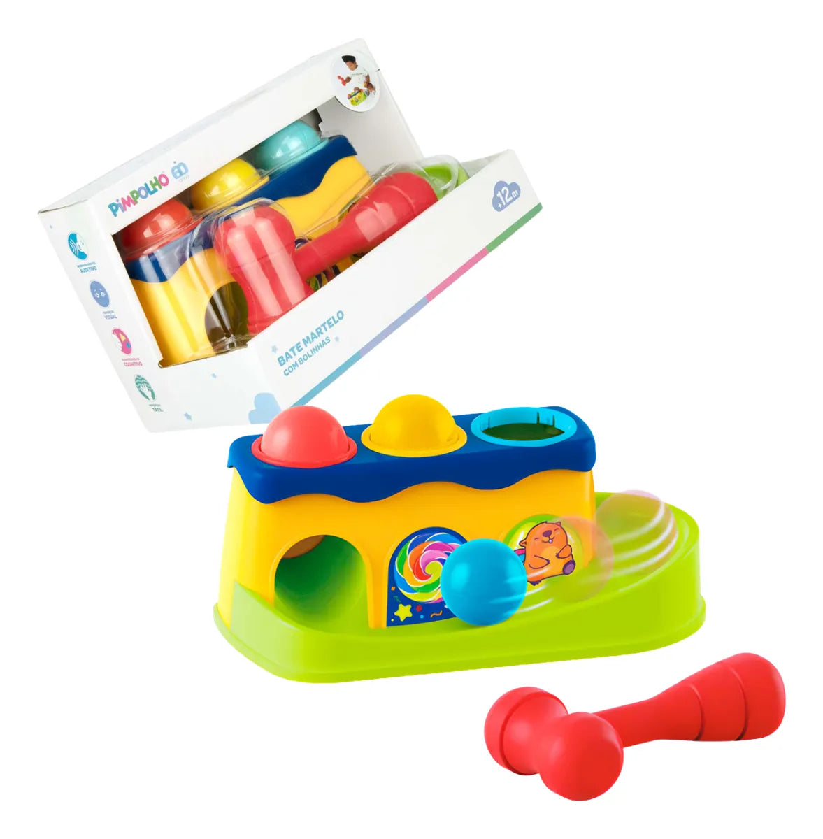Martelinho Bate Bola Pimpolho com Bolinhas Coloridas – Brinquedo Educativo +12 Meses