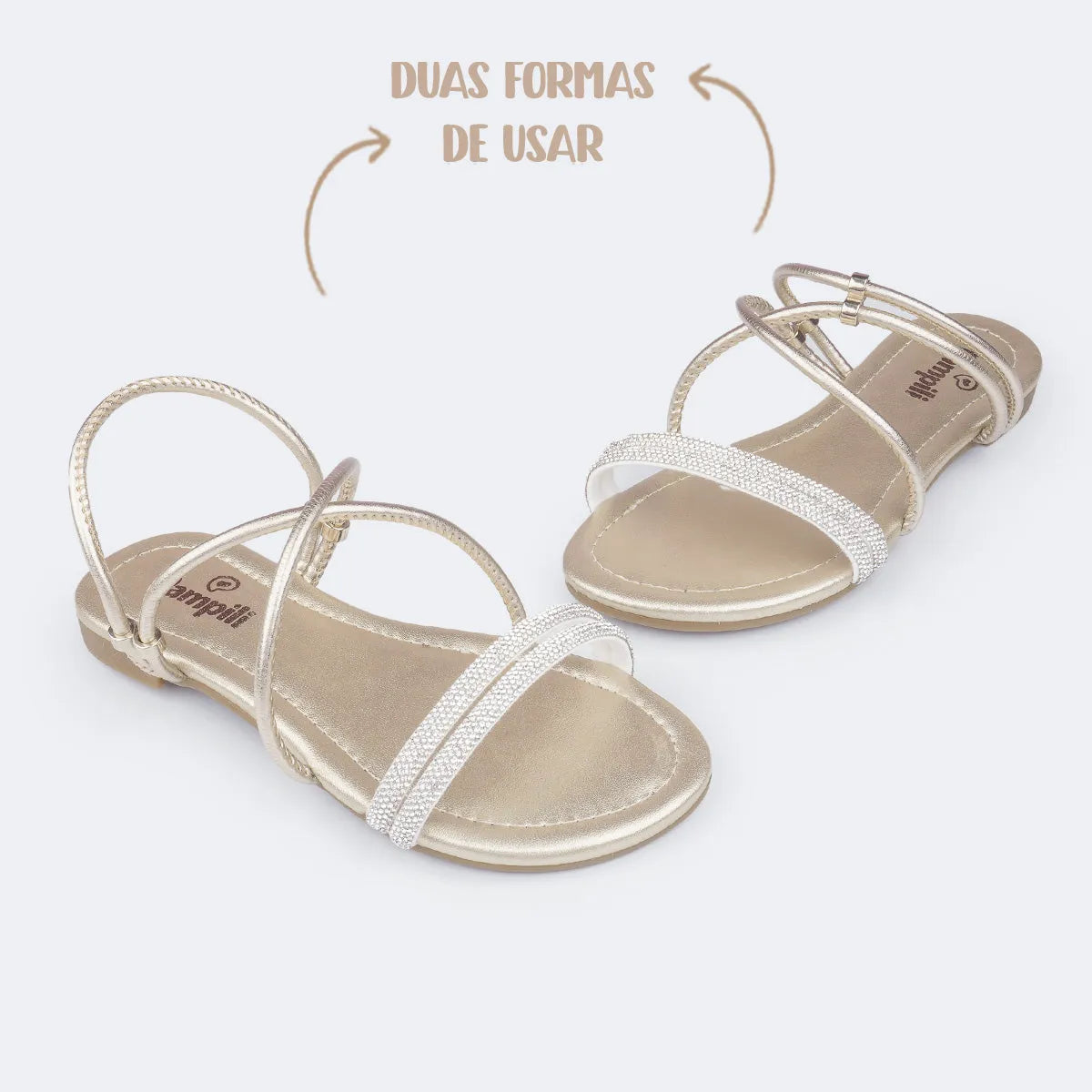 Sandália Infantil Pampili Iris 2 em 1 Tiras Finas com Strass Dourada