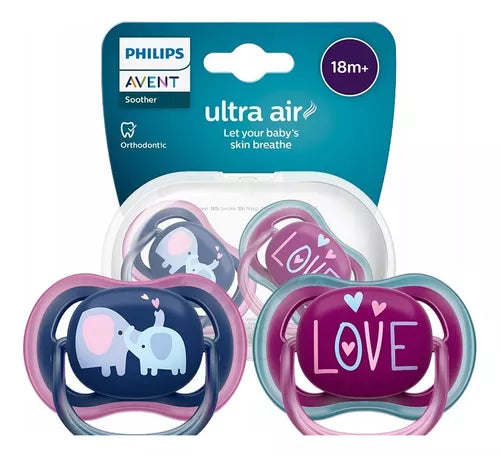 Kit Chupeta Avent Ultra Air Decorada 18+ 2 Peças - Azul/rosa