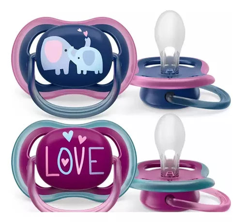 Kit Chupeta Avent Ultra Air Decorada 18+ 2 Peças - Azul/rosa