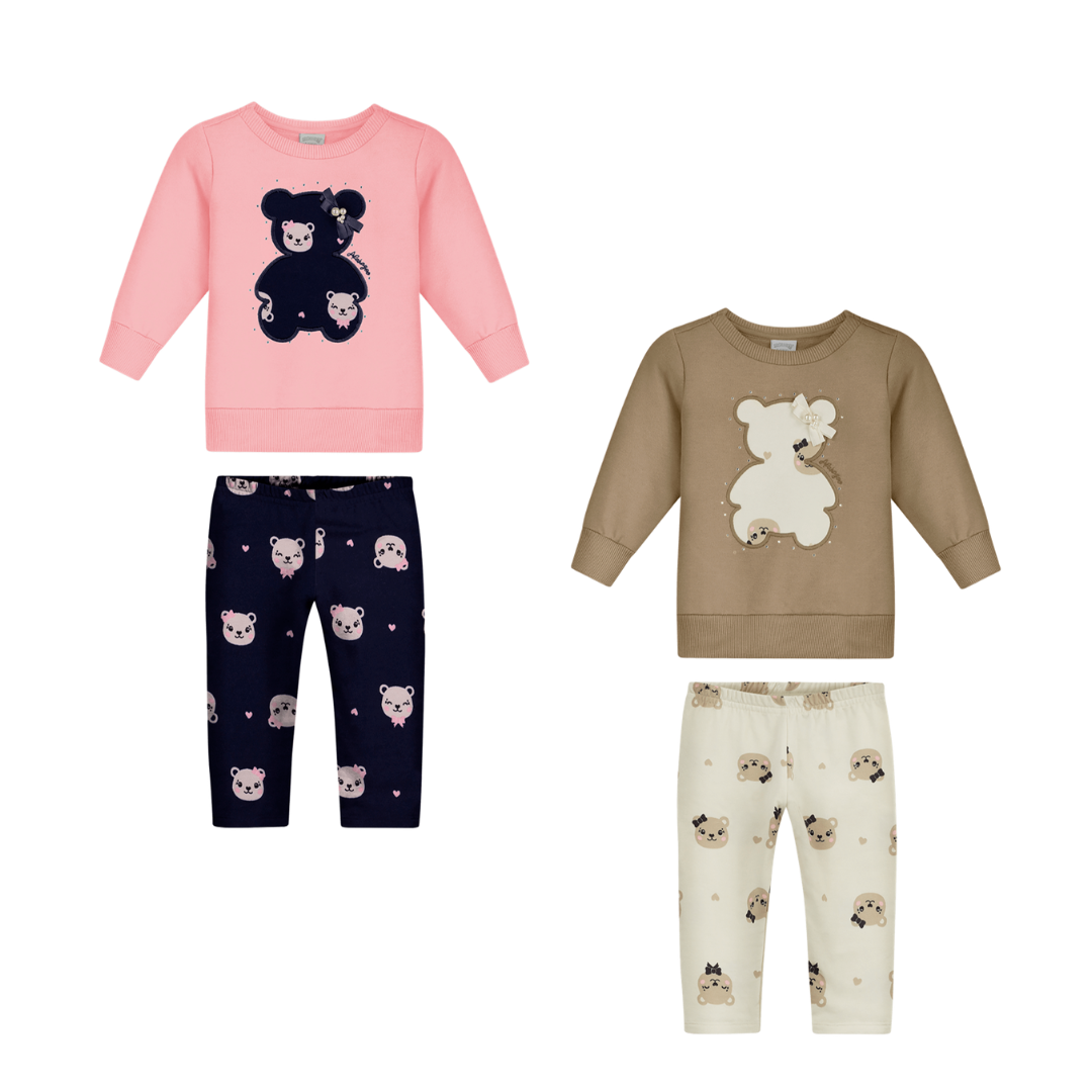 Conjunto Infantil Feminino Alakazoo Ursinha em Moletom e Molecotton com Aplique