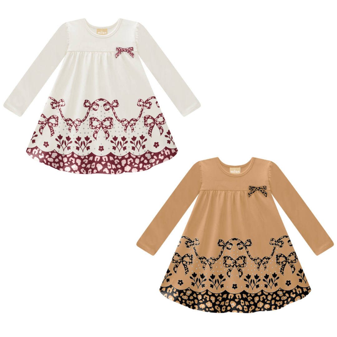 Vestido Infantil Milon Manga Longa Estampa Laços e Animal Print