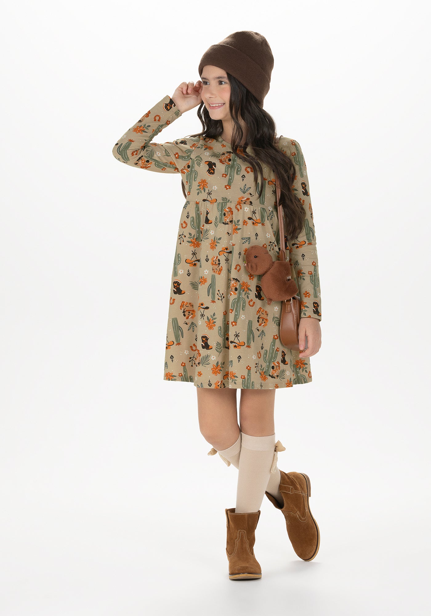 Vestido Infantil Alakazoo Manga Longa em Meia Malha Penteada