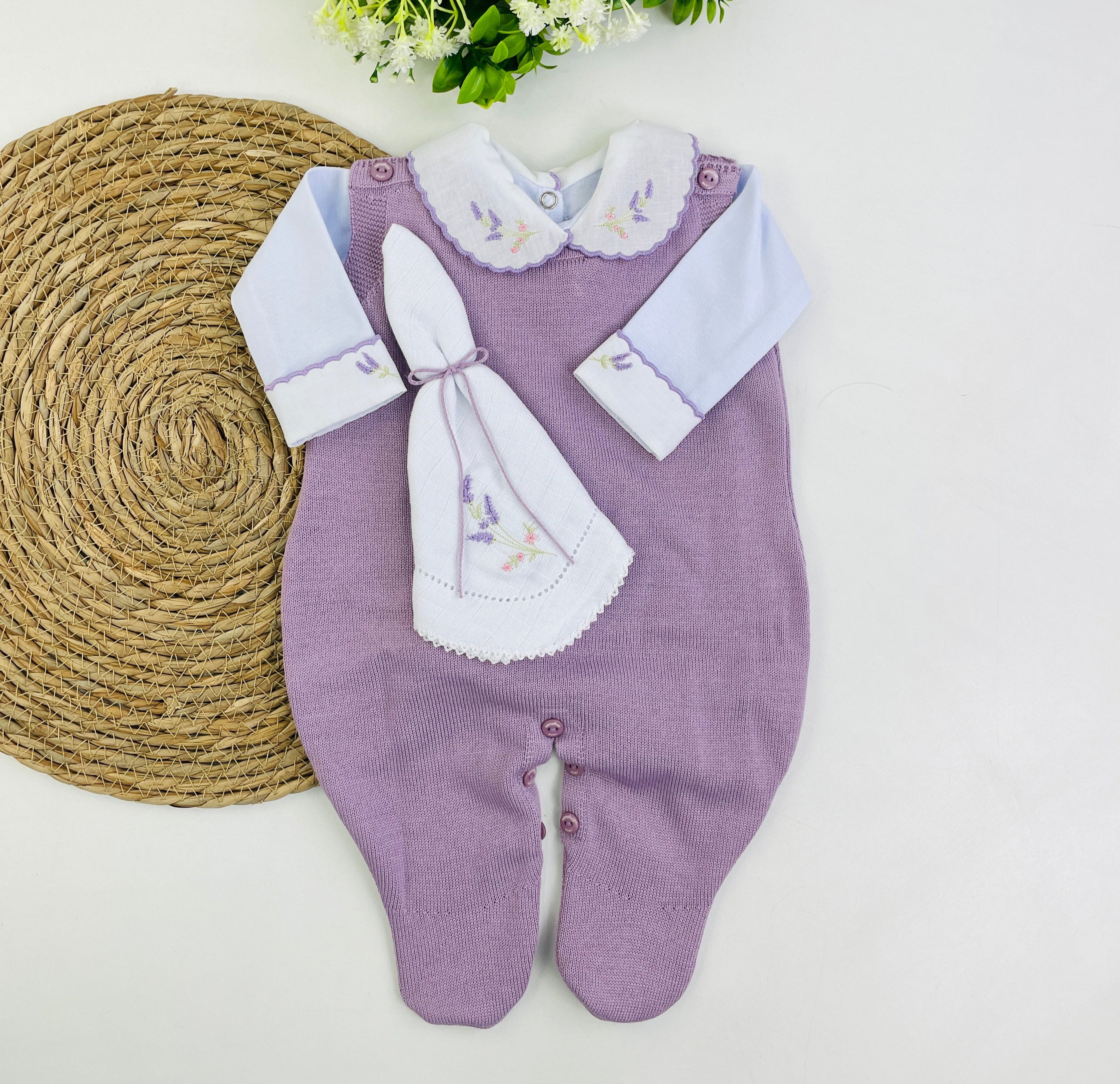 Conjunto Sanches Baby Bordado Em Tricot 3 Peças
