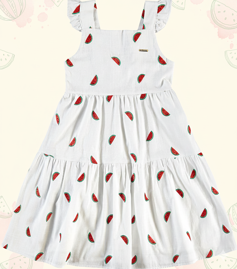 Vestido Infantil Pulla Bulla de Alça com Melancias Bordadas – Delicado, Confortável e Cheio de Charme