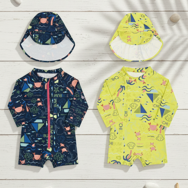 Macaquinho Infantil Masculino Kamylus Tchibum Fundo do Mar + Boné – Manga Longa UV50+ Proteção Solar