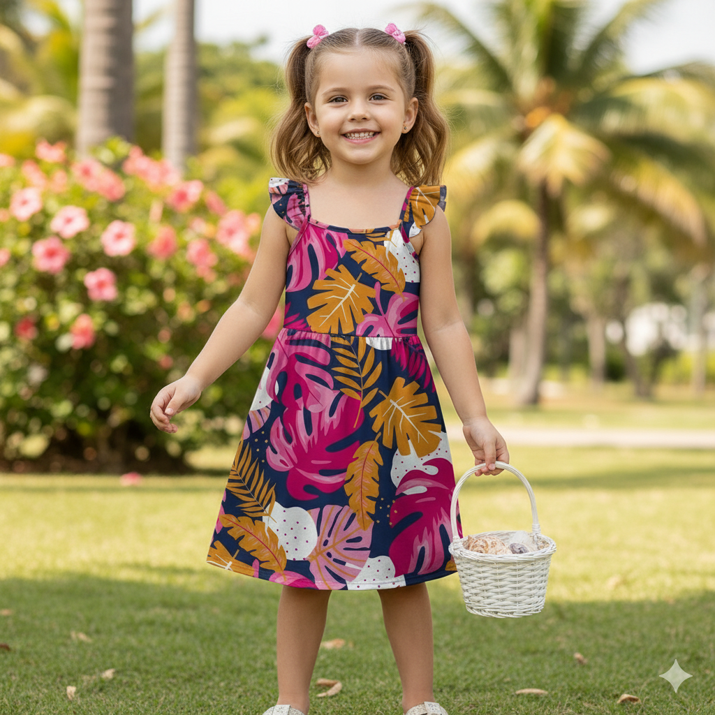 Vestido Infantil Feminino Kyly Folhagens Tropicais