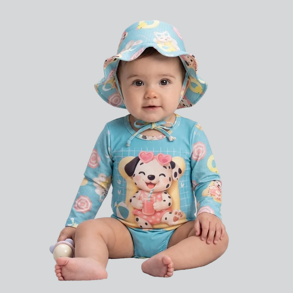 Maiô Manga Longa Infantil Baby Kamylus Tchibum Cachorrinha com Chapéu Proteção UV 50+ Dri-Fit