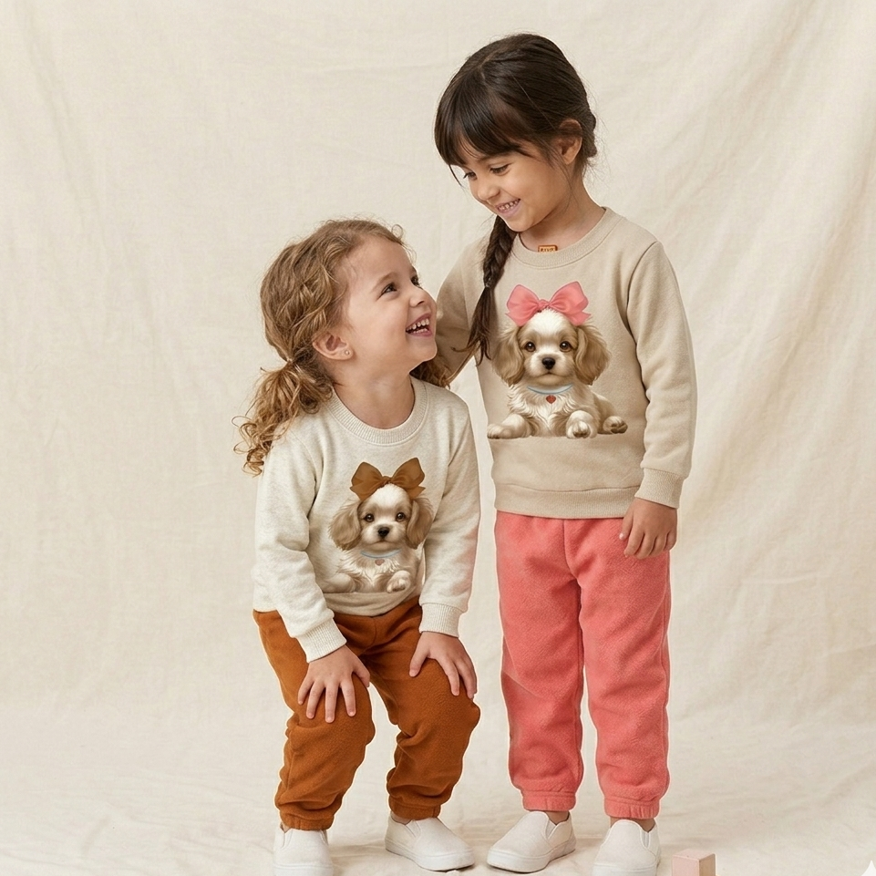 Conjunto Infantil Feminino Kyly em Moletom com Estampa de Cachorrinha e Laço