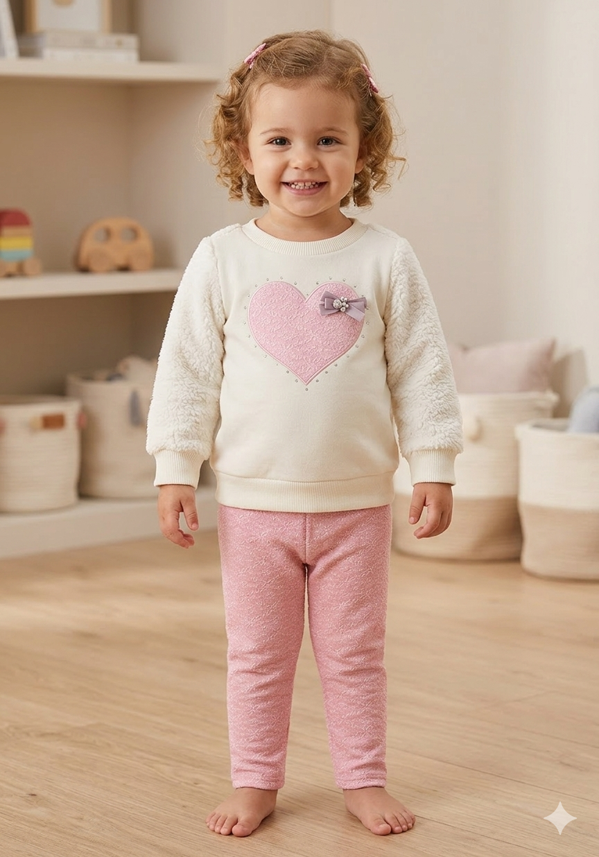 Conjunto Infantil Feminino Alakazoo Manga Longa Malha Pelo e Viena Coração