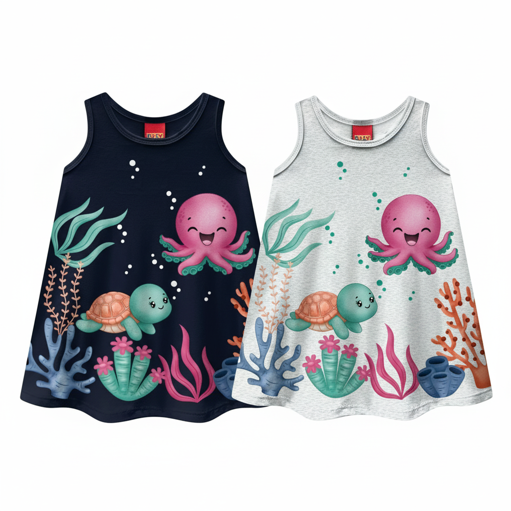 Vestido Kyly Fundo do Mar Polvo e Tartaruga