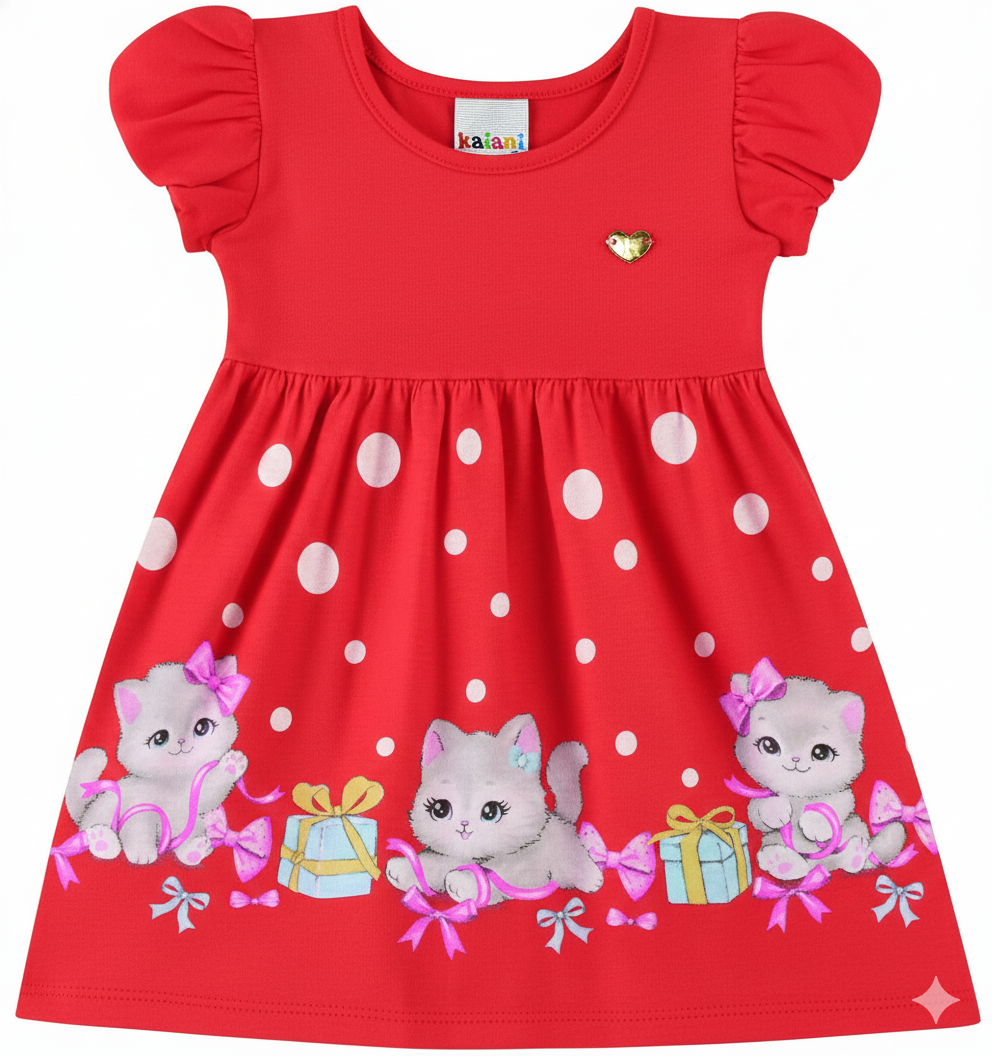 Vestido Infantil Kaiani Gatinhas e Presentes– conforto e fofura para o dia a dia