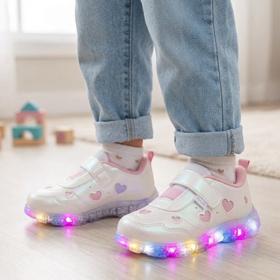 Tênis Infantil de LED Pampili Liz Luz Mini Corações com Calce Fácil