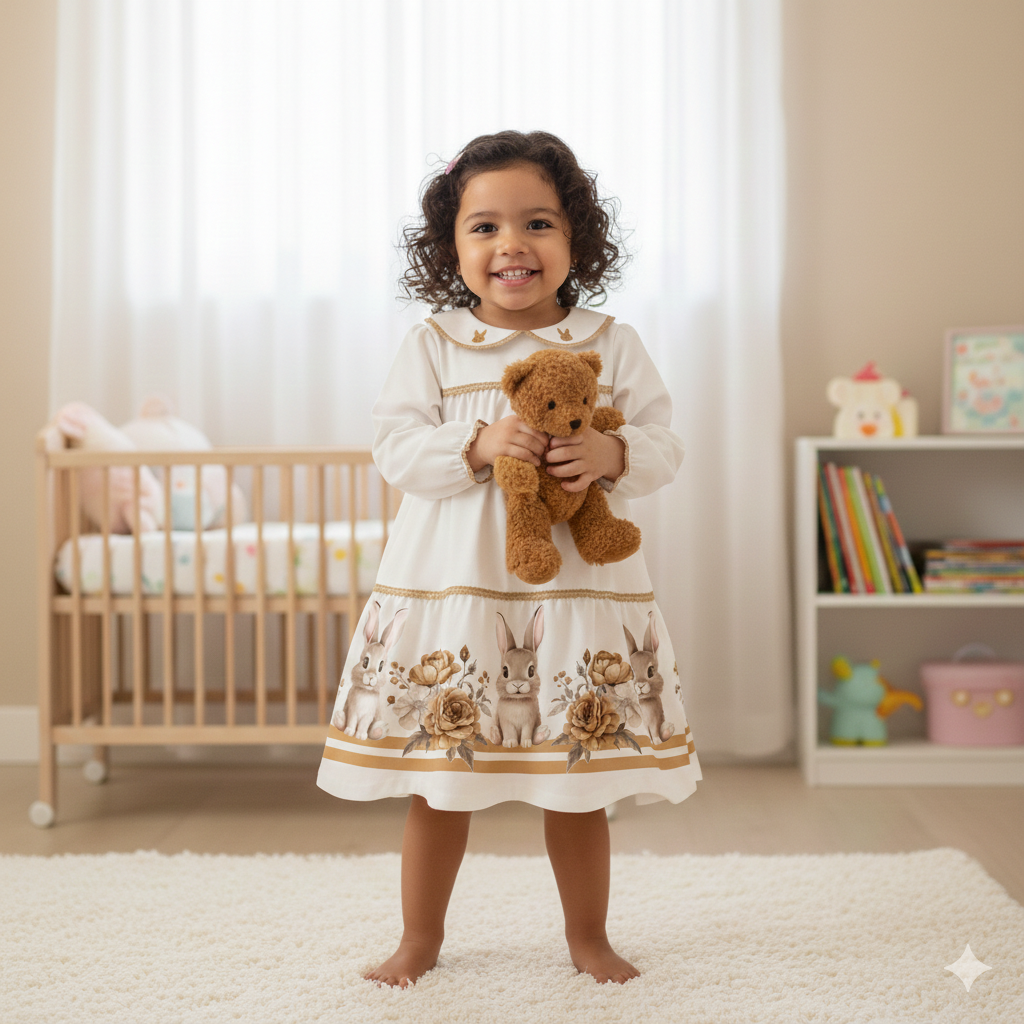 Vestido Infantil Milon Manga Longa Estampa Coelhinhos e Flores