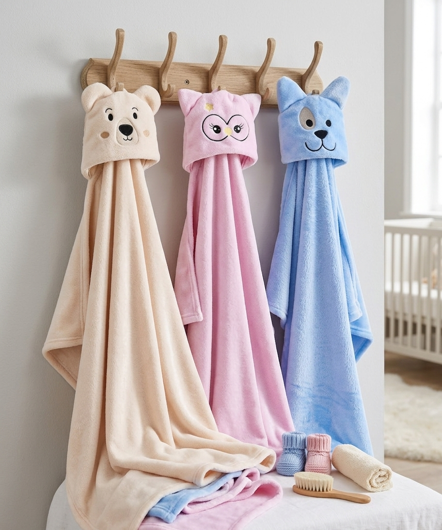 Cobertor Infantil Flannel com Capuz e Carinha Bordada 90x90 cm