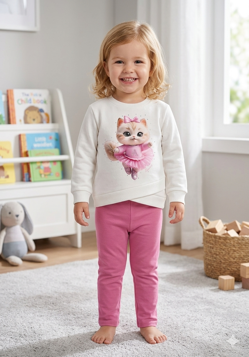 Conjunto Infantil Feminino Alakazoo Gatinha Bailarina em Moletom e Molecotton