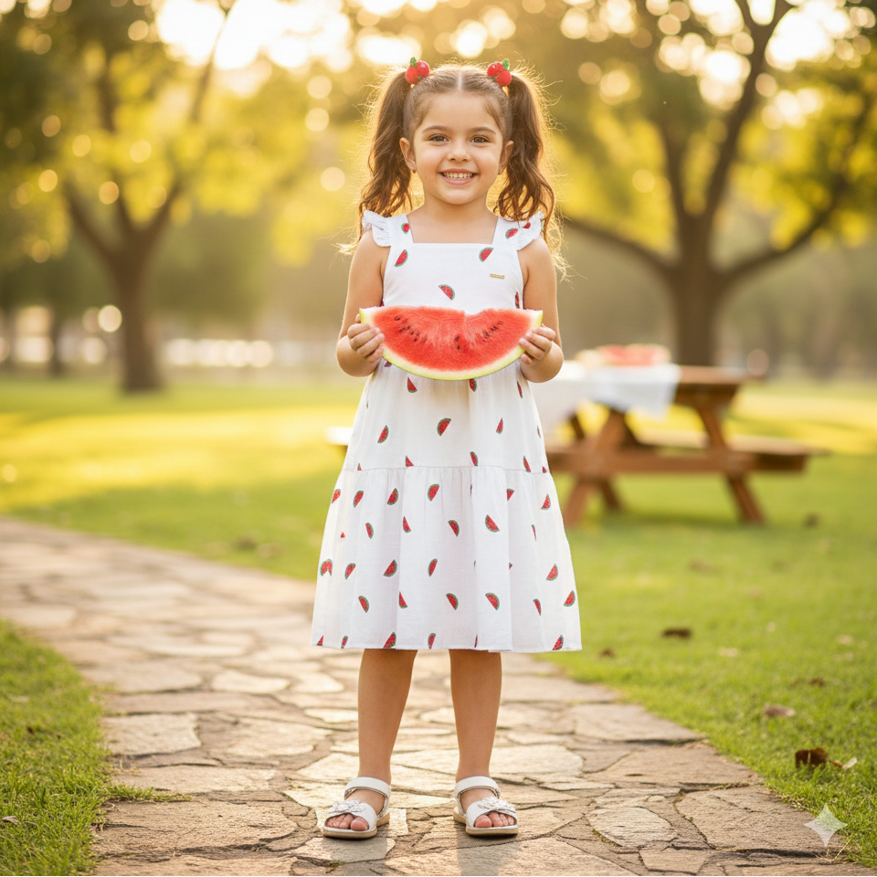 Vestido Infantil Pulla Bulla de Alça com Melancias Bordadas – Delicado, Confortável e Cheio de Charme