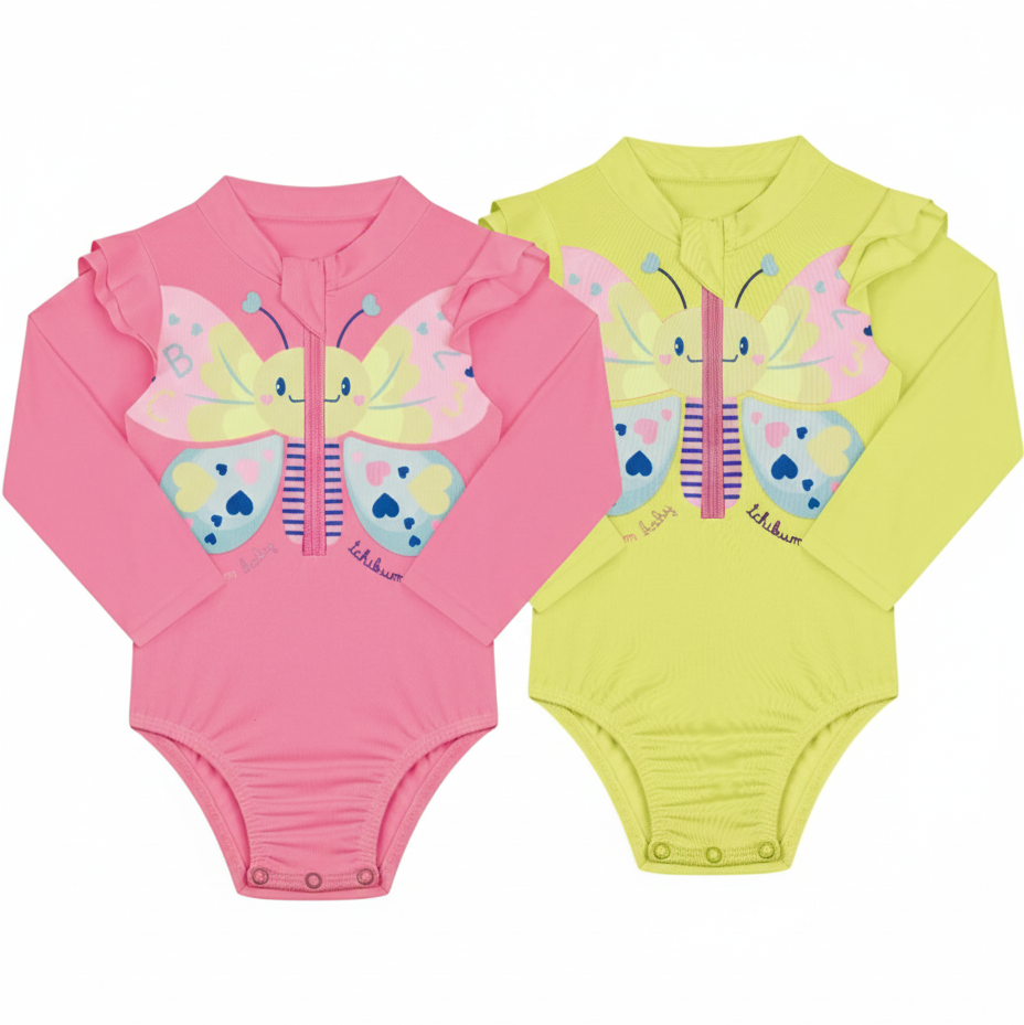 Maiô Infantil Manga Longa Kamylus Tchibum Borboleta UV50+ – Proteção Solar e Conforto