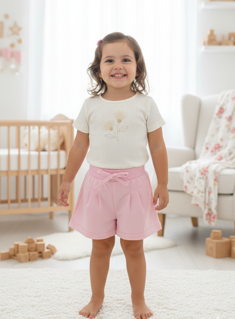 Conjunto Infantil Feminino Pulla Bulla Canelado com Estampa de Flor – Conforto e Delicadeza para o Dia a Dia