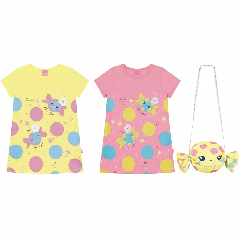 Vestido Infantil Kamylus Fofo com Bolsa de Bala – Microfibra Confortável – Look Completo