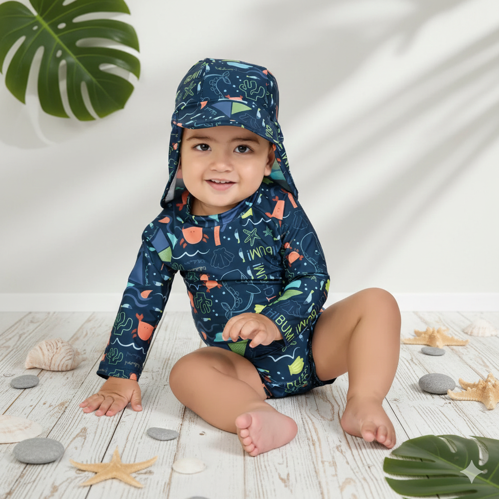 Macaquinho Infantil Masculino Kamylus Tchibum Fundo do Mar + Boné – Manga Longa UV50+ Proteção Solar