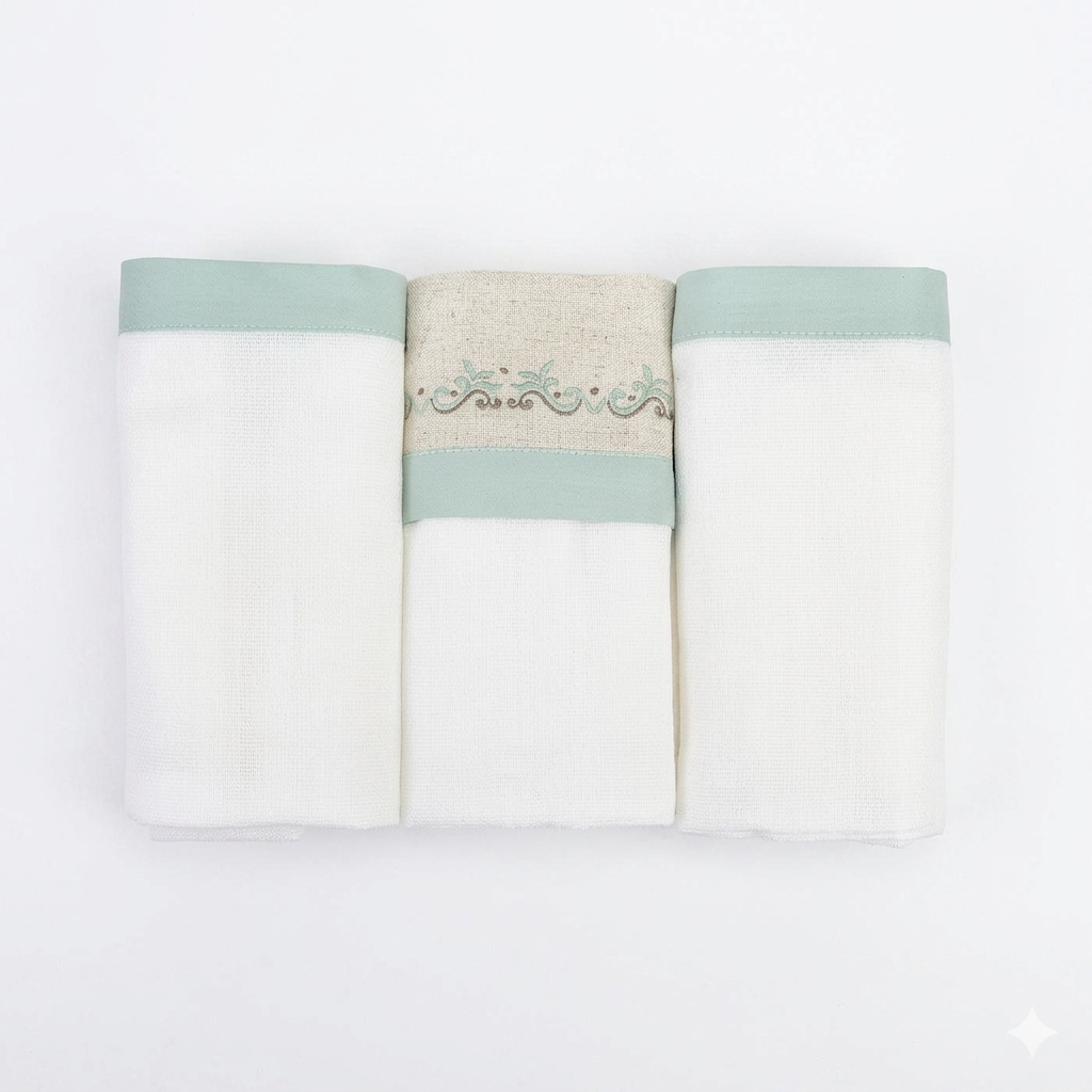 Kit Fralda Loupiot Nature Bordada Com Bainha 3 Peças