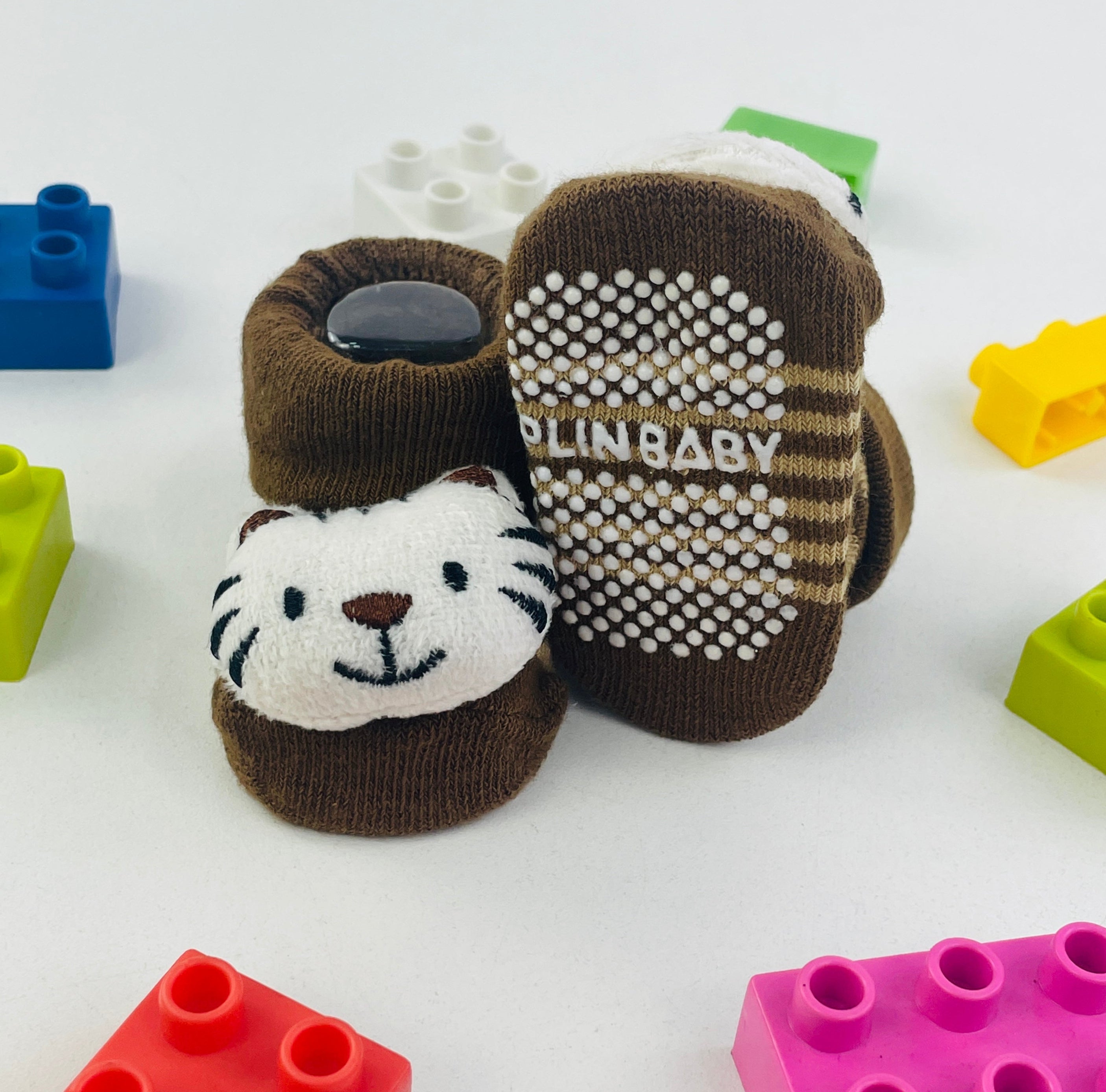 Meia Bichinhos Plin Baby Tigre Antiderrapante - Marrom