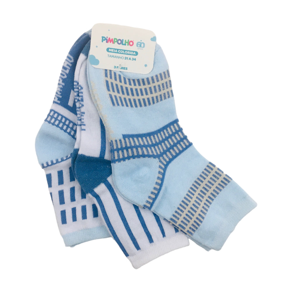 Kit Meia Colorida Pimpolho Masculina 31 a 34 Geometrico Com 3 Pares