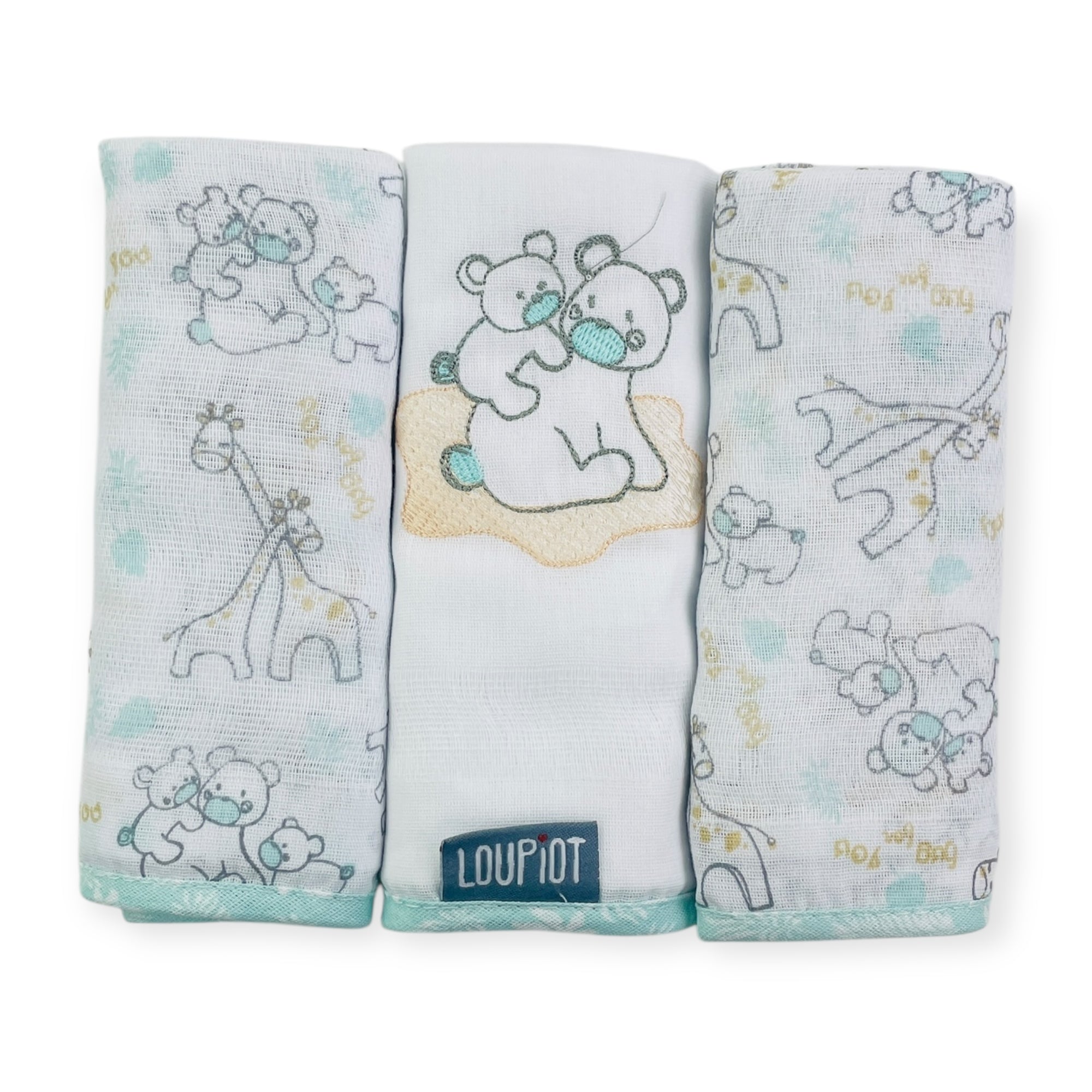 Kit Fralda Loupiot Estampada e Bordada Com Bainha 3 Peças