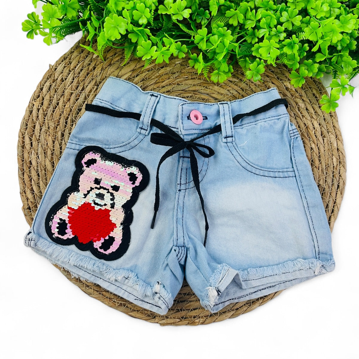 Short Jeans Bebela Kids Ursinha Coração Paete