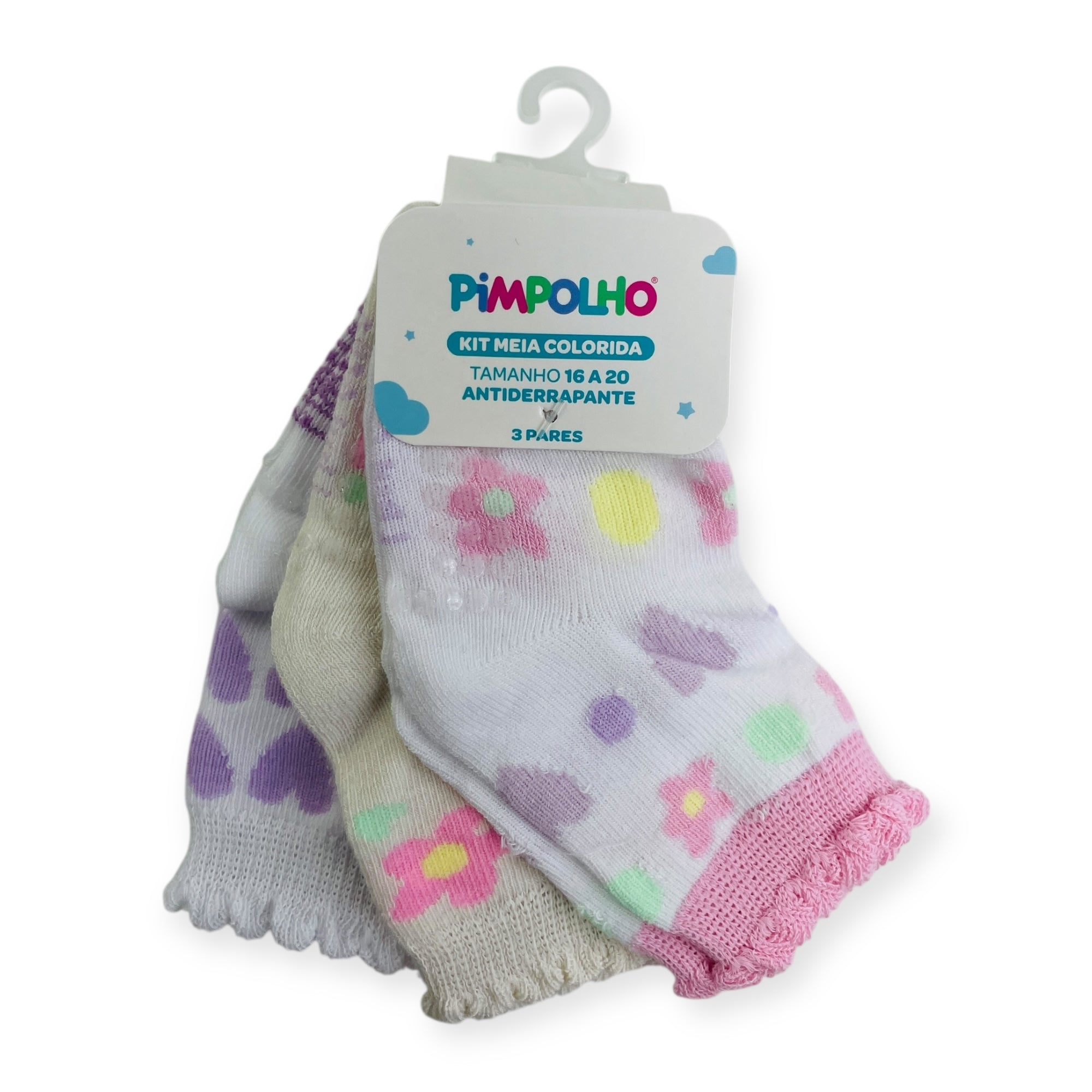 Kit Meia Colorida Feminino Pimpolho Antiderrapante Com 3 Pares