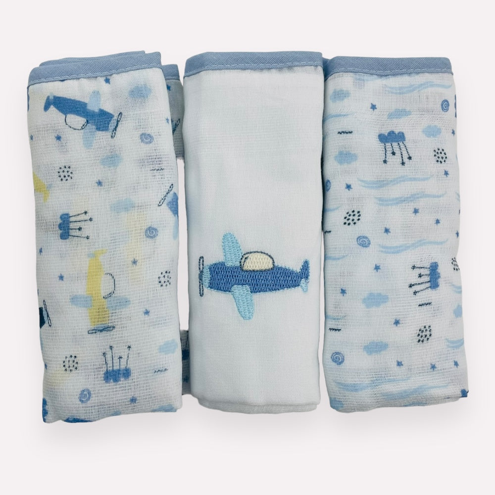 Kit Fralda Baby Nice Aviao Com Bainha 3 Peças- Marinho