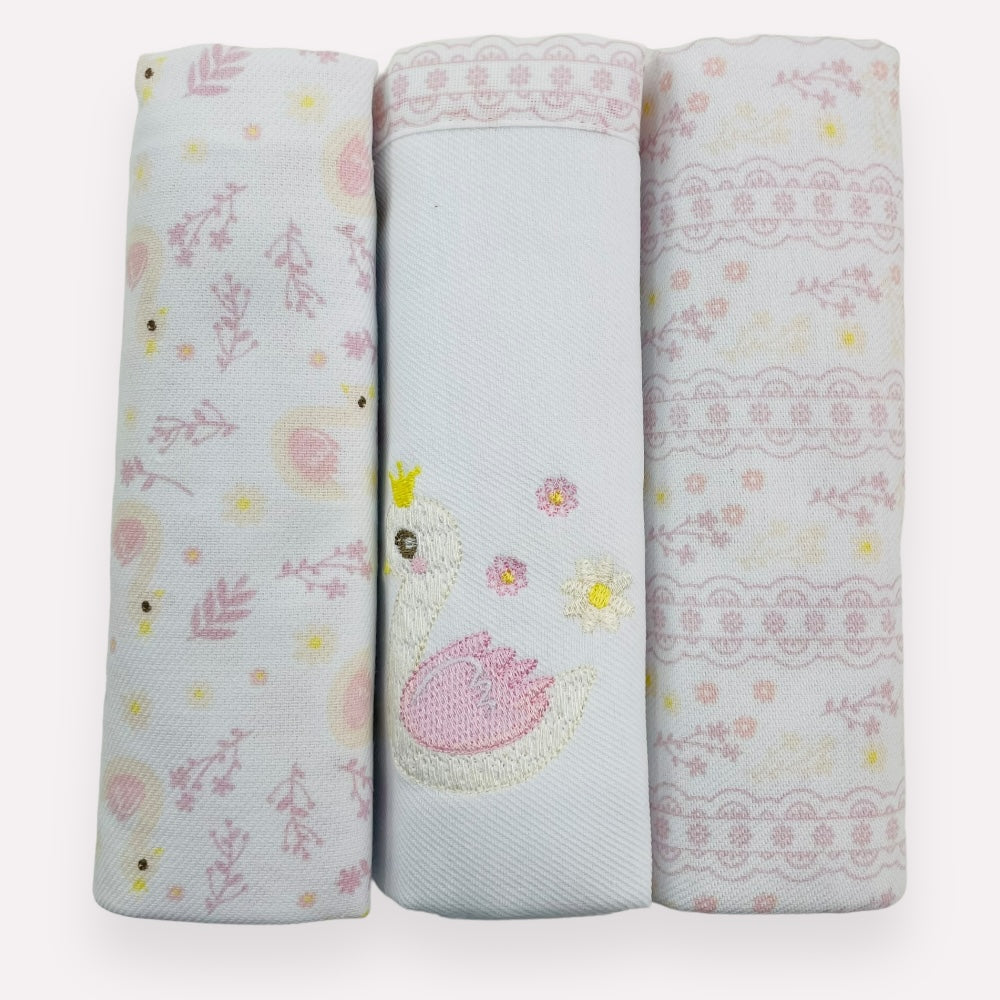 Kit Cueiro Rolinhos Baby Nice Cisne 3 Peças- Rosa - 80 X80 Cm