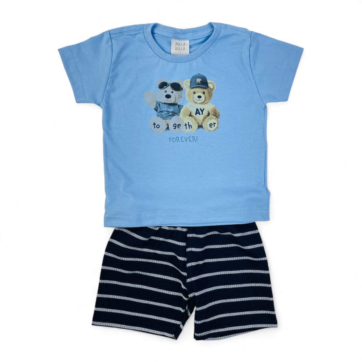 Conjunto Pulla Bulla Infantil com Estampa de Ursinhos e Bermuda Listrada
