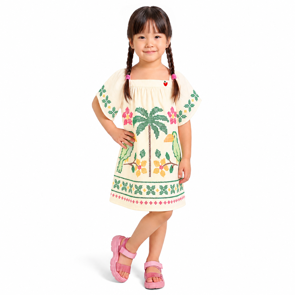 Vestido Infantil Feminino Nanai Tucanos e Palmeiras